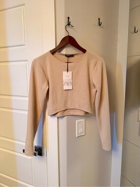 ZARA Neutral Beige Ribbed Cropped Long-Sleeve Top